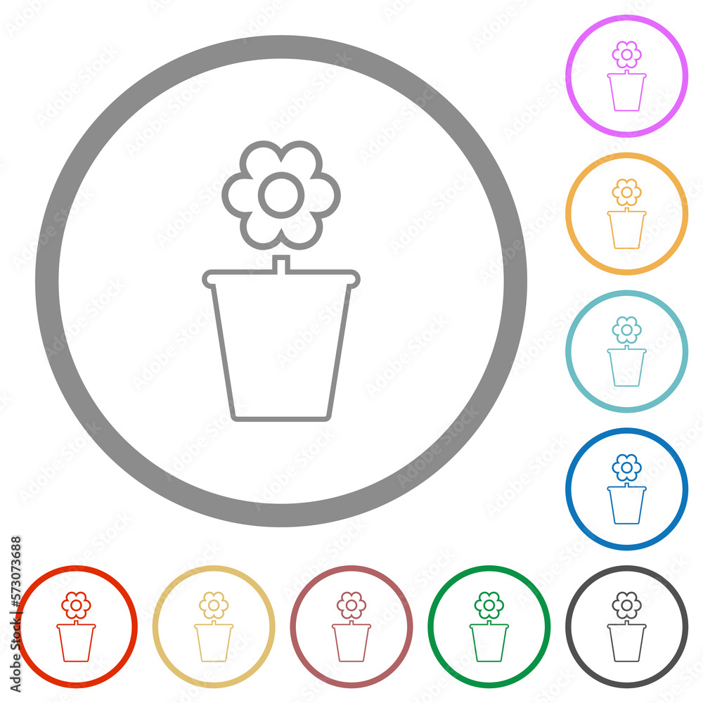 Flowerpot with flower outline flat icons with outlines