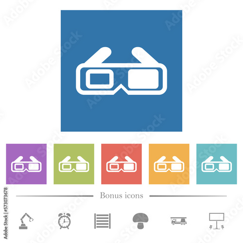 Retro 3D glasses flat white icons in square backgrounds