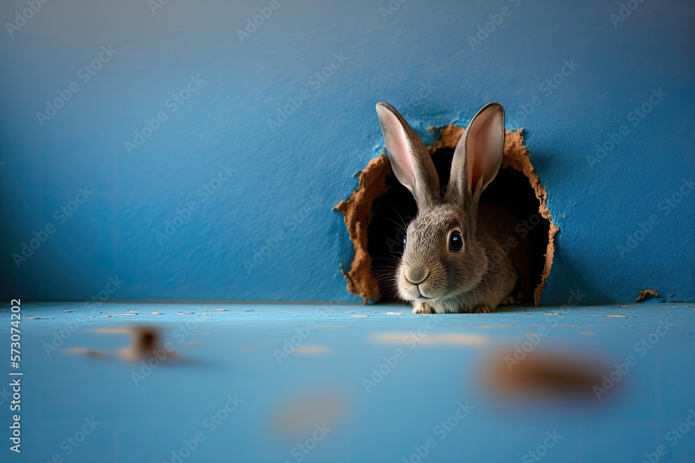 Bunny peeking out of a hole in the blue wall, fluffy eared bunny easter