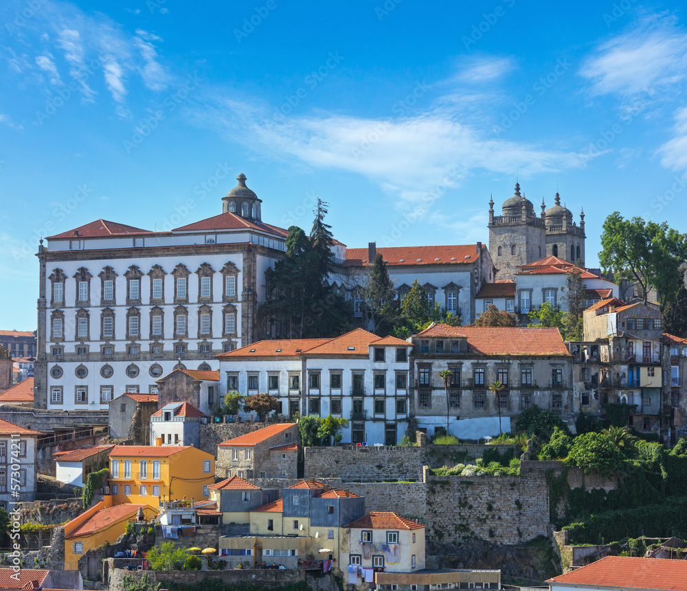 Porto city spring evening view with Episcopal Palace (Portugal).