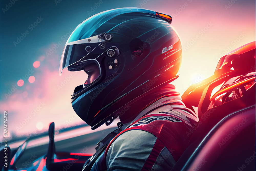 Portrait of sports car racer wearing helmet at sunset. ace driver with ...