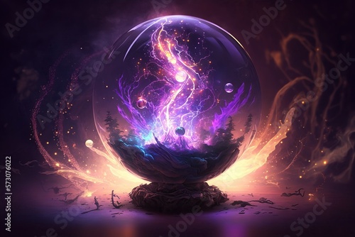 Magic sphere, energy ball with mystic glow, lightning and sparks. Generative Ai art. Color glowing orb with light effect, liquid plasma and fire. Fantasy shiny circle for game design