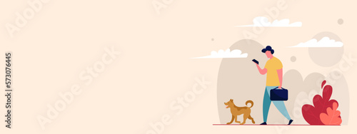 flat illustration, a man and a dog walk along a bright location