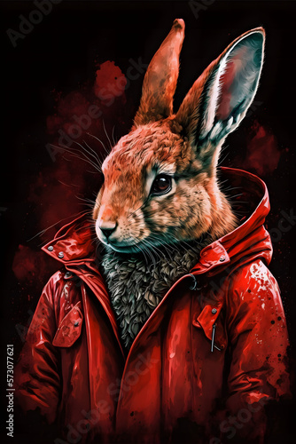 Easter Bunny wearing a fashionable stylish long red leather jacket created with generative AI technology photo
