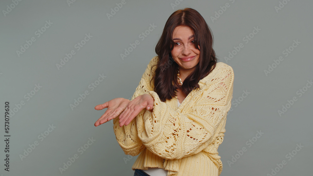 Woman raising hands asking what why reason of failure, demonstrating ...