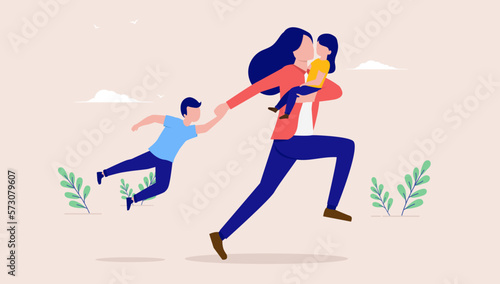 Stressed mother - Woman parent running with children in urgency and hurry. Parenting time crunch and stress concept. Flat design vector illustration