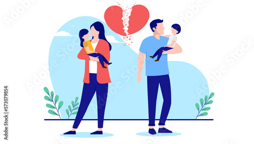 Divorced parents - Couple with kids breaking up and having divorce holding a child each with broken heart symbol. Flat design vector illustration with white background