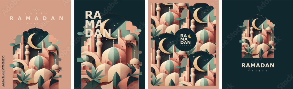 Happy Ramadan Kareem! Vector illustration of abstract paper cut mosque, crescent, pattern, window and street for greeting card, background or wallpaper - obrazy, fototapety, plakaty 