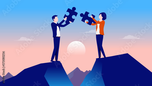 Problem solving together - Two business people connecting jigsaw puzzle pieces, cooperating and finding solution. Flat design vector illustration