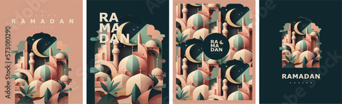 Foto Happy Ramadan Kareem! Vector illustration of abstract paper cut mosque, crescent