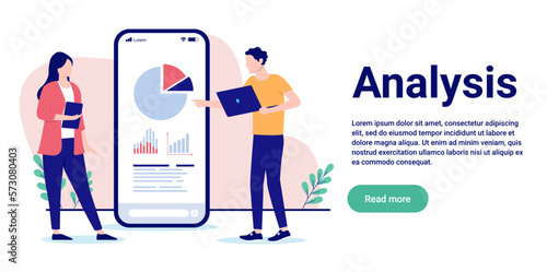 Data analysis - Businesspeople looking at charts and diagrams analysing business and numbers. Flat design vector illustration with copy space and white background