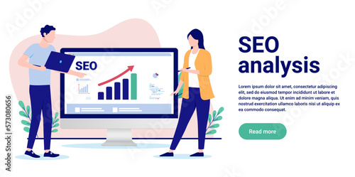 SEO analysis - People working on search engine optimisation on computer screen with rising chart and great result. Flat design vector illustration with copy space and white background