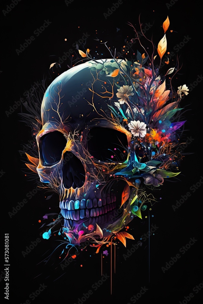 Abstract skull with roses and flowers growing from it. Colorful petals. Life from death. Morbid illustration tattoo. Abstract skull with roses and flowers growing from it. Colorful petals. Life from death. Morbid illustration tattoo.
