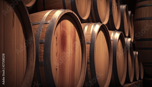 Barrels of wine. Vineyard. Wine cellar. Winery. Oak cask storage of alcohol.