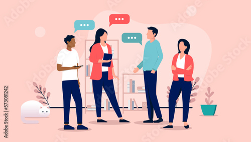 People talking - Team standing in office having conversation and dialogue in professional casual clothes with speech bubbles. Flat design vector illustration