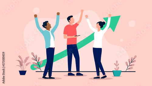 Team success - Business people cheering and celebrating in front of green arrow pointing upwards towards growth. Teamwork concept, flat design vector illustration