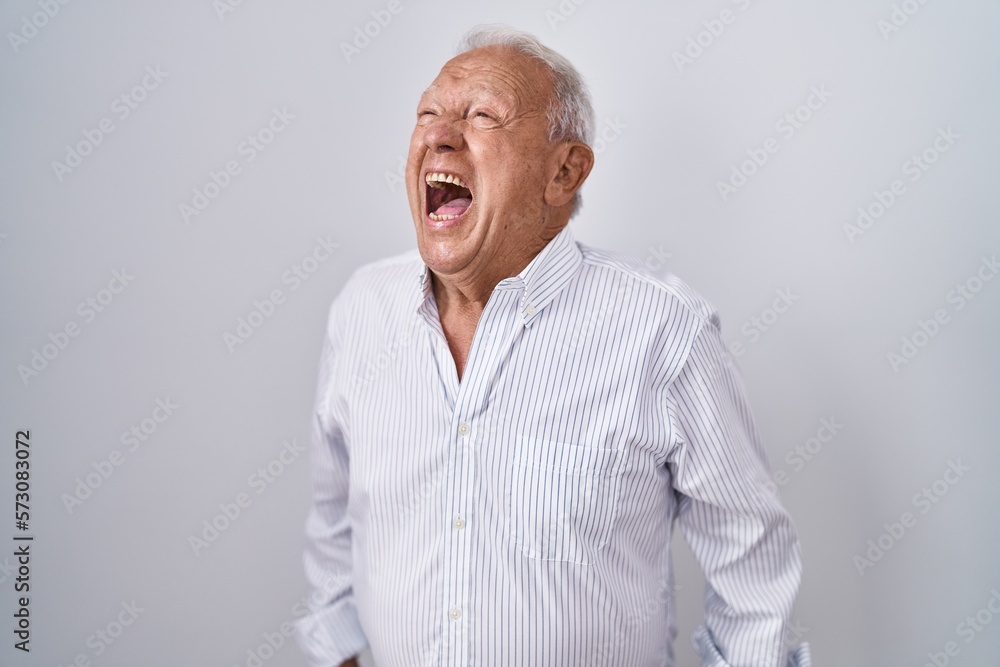 Senior man with grey hair standing over isolated background angry and mad screaming frustrated and furious, shouting with anger. rage and aggressive concept.