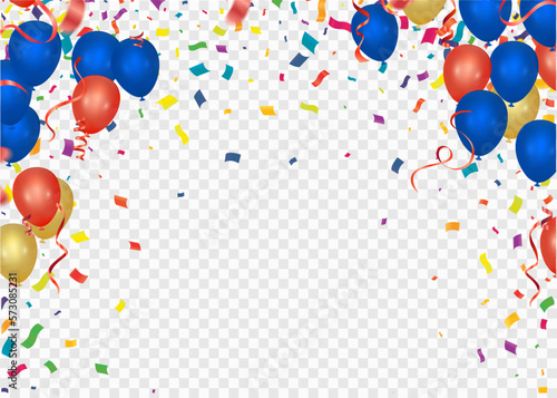 Holiday background with balloons, flags, streamer. Multicolored bright buntings garlands with confetti and air balls isolated on background