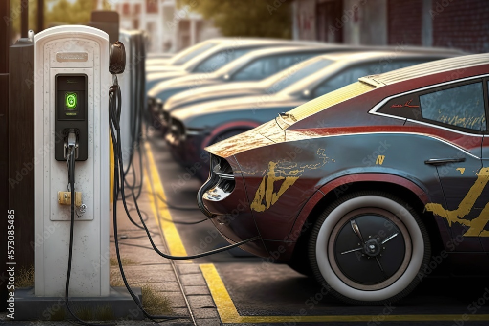 Futuristic design of a row of many electric chargers in each car park on the street. Ai generated Futuristic design of a row of many electric chargers in each car park on the street. Ai generated