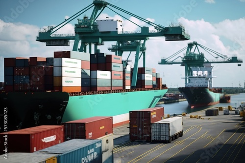 Stevedores unload containers from a ship docked at the international trade port. Ai generated