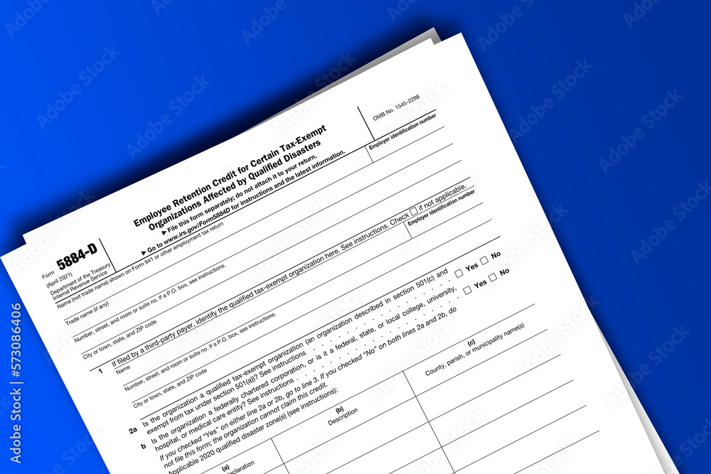 Form 5884-D documentation published IRS USA 04.22.2021. American tax document on colored Form 5884-D documentation published IRS USA 04.22.2021. American tax document on colored