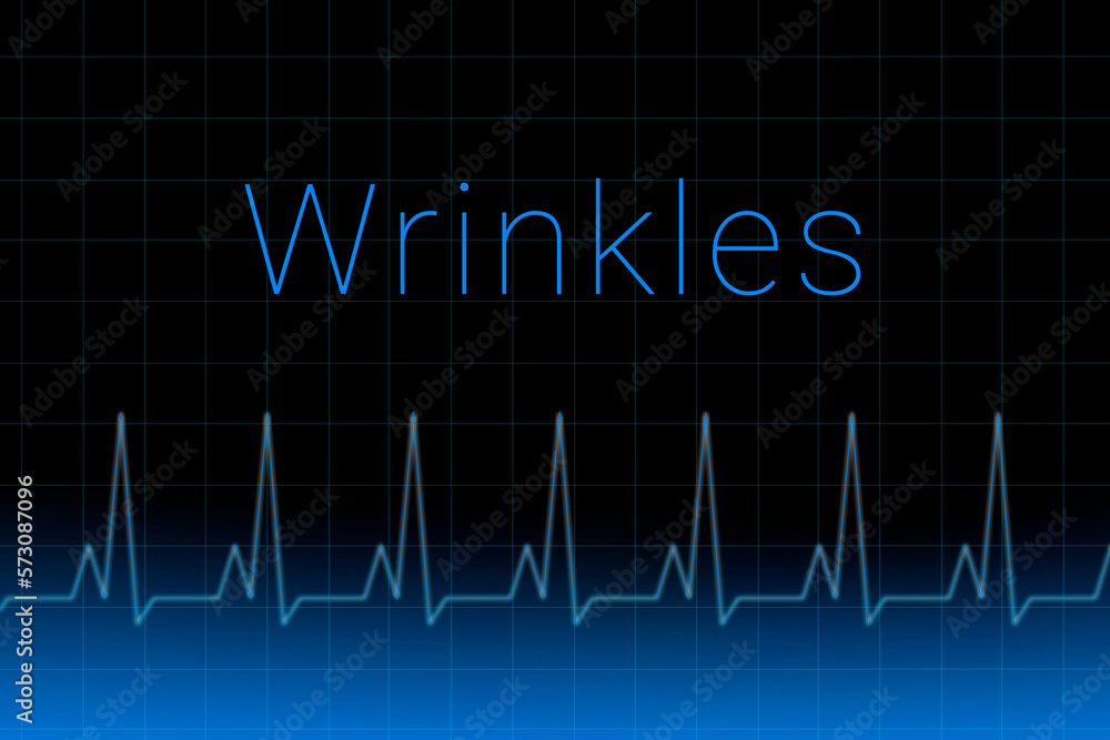 Wrinkles disease. Wrinkles logo on a dark background. Heartbeat line as a symbol of human disease. Concept Medication for disease Wrinkles.