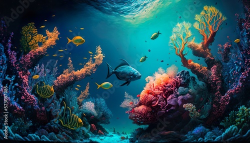 Colorful underwater sea ocean fishes corals vivid colors-wallpaper background created with generative AI technology © Silvere
