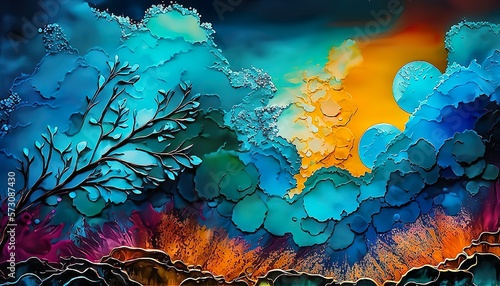 Vibrant multicolored colorful sky clouds trees psychedelic abstract surrealism colorful painting wallpaper background created with generative AI technology photo