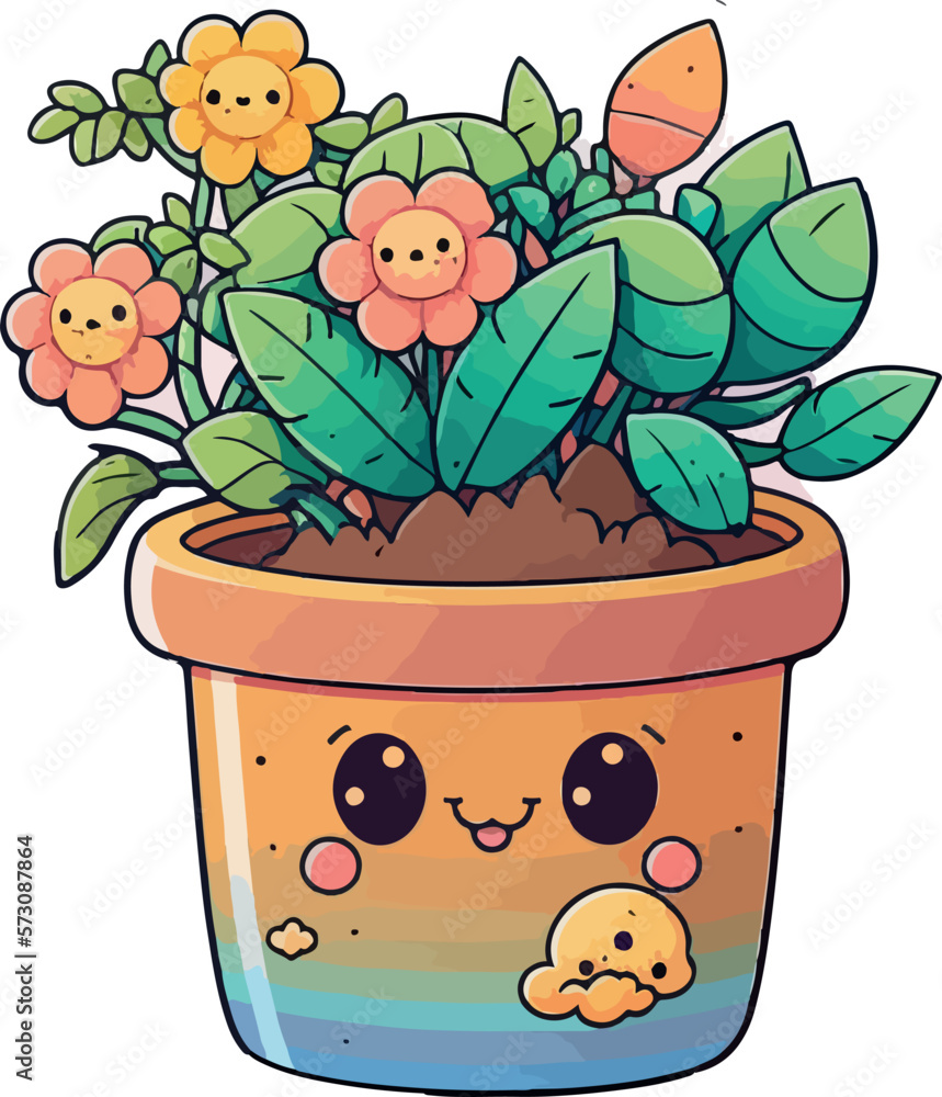 Funny flowers in pots. Cartoon Sticker. Vector illustration
