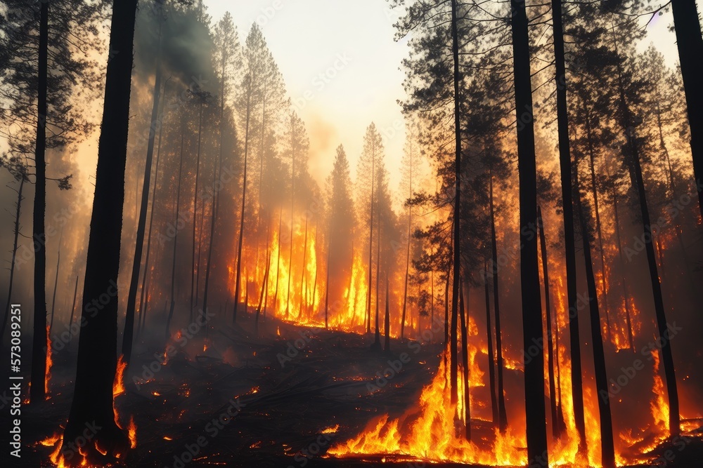 Intense flames from a massive forest fire, generative ai. Flames light up the evening as they rage thru pine forests and sage brush Intense flames from a massive forest fire, generative ai. Flames light up the evening as they rage thru pine forests and sage brush