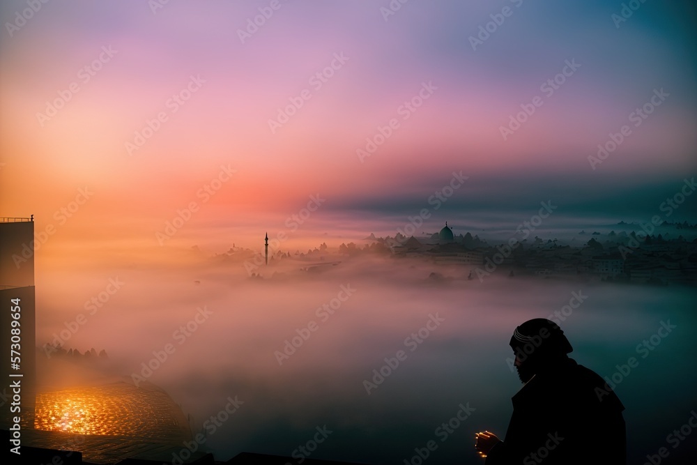 Muslim praying in a mystical environment, silhouette photo, no face visible, generative ai, color grading, islam religion concept photo Muslim praying in a mystical environment, silhouette photo, no face visible, generative ai, color grading, islam religion concept photo