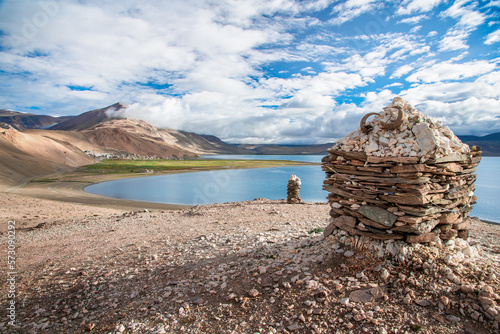 beautiful lake curve of morning in Tso moriri, Lah, Ladakh, India.