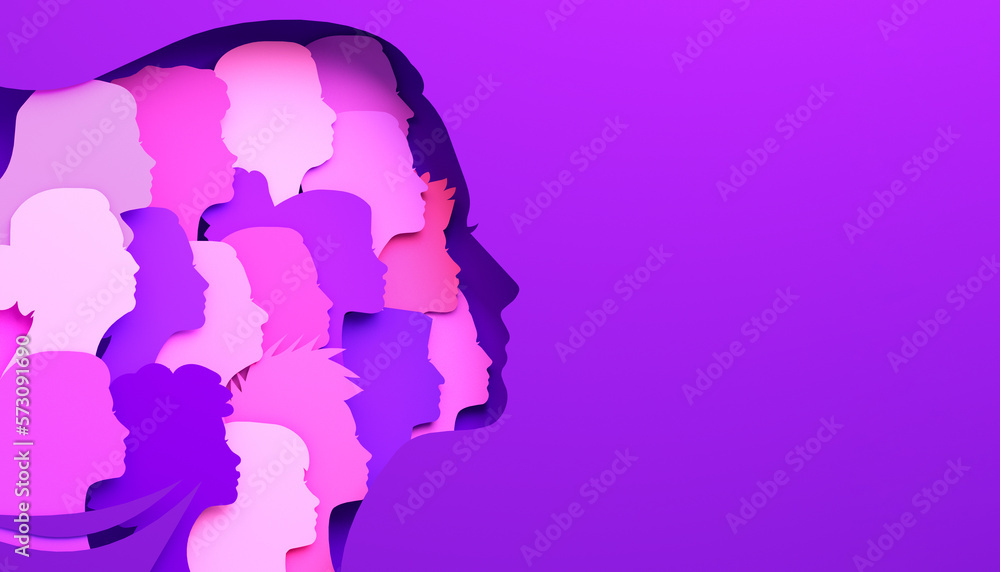 Womens Day flyer with silhouettes of multi ethic women's faces inside a woman face, 3D illustration. Females for feminism, independence, sisterhood, empowerment, activism for women rights