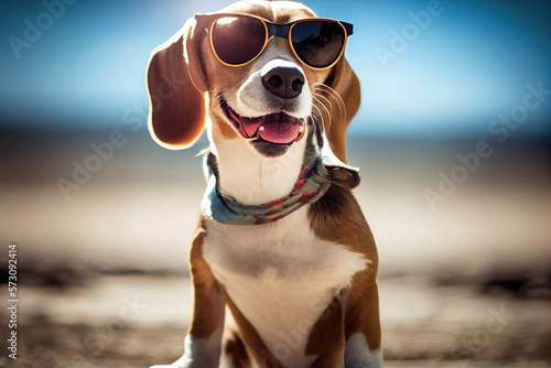 Portrait of Beagle wears sunglasses