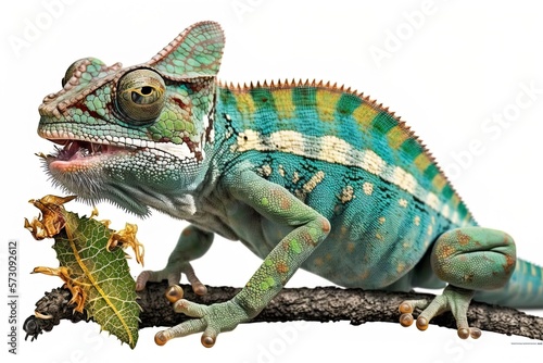 Picture of a panther chameleon (furcifer pardalis) devouring a migrating locust on a white backdrop. Generative AI photo