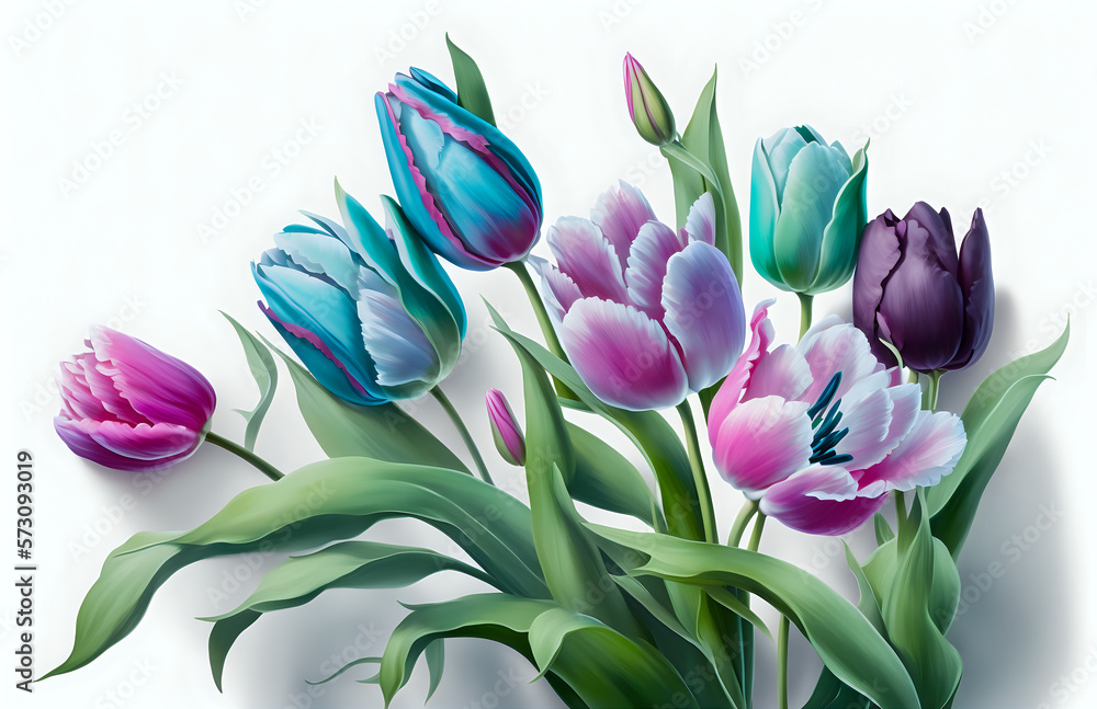 Different color tulips on white background. Generative AI Different color tulips on white background. Generative AI