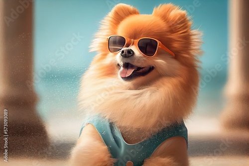 Portrait of Pomeranian wears sunglasses