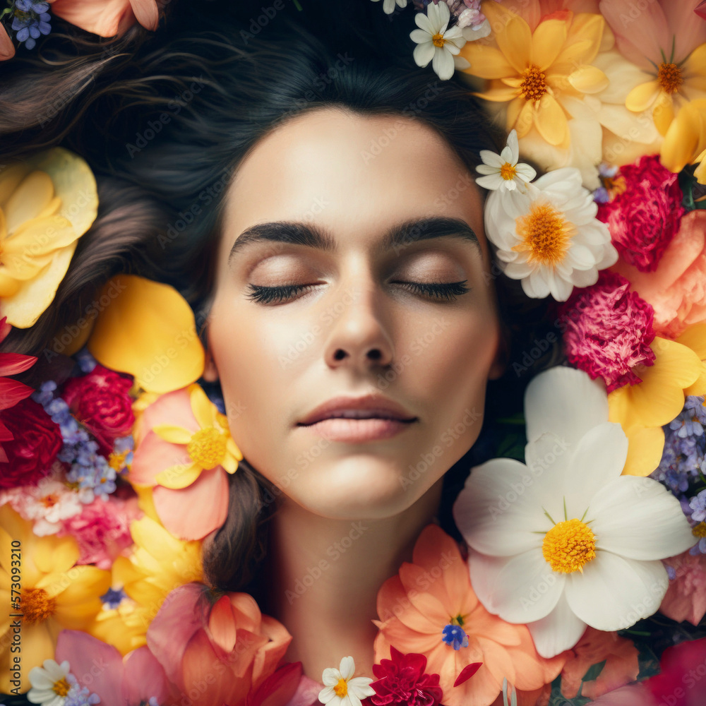 Woman's face close up The pattern is surrounded by beautiful flowers. Generative AI Woman's face close up The pattern is surrounded by beautiful flowers. Generative AI
