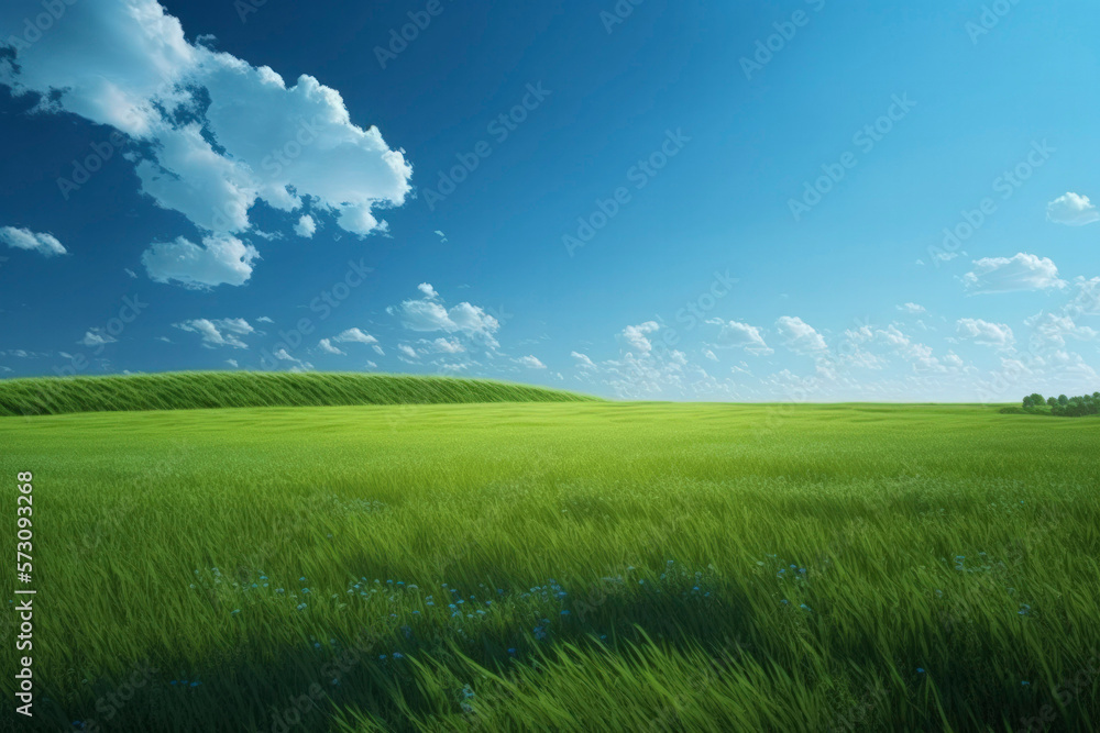 Generative AI of Grassland, Landscape of a green field with bright blue sky Generative AI of Grassland, Landscape of a green field with bright blue sky