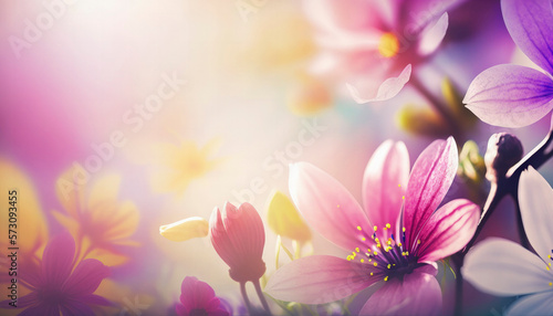 Close up of Beautiful Colorful Spring Flowers background with pink,purple,green and chrysanthemum flowers,Generative AI, copy space, nature light flare 