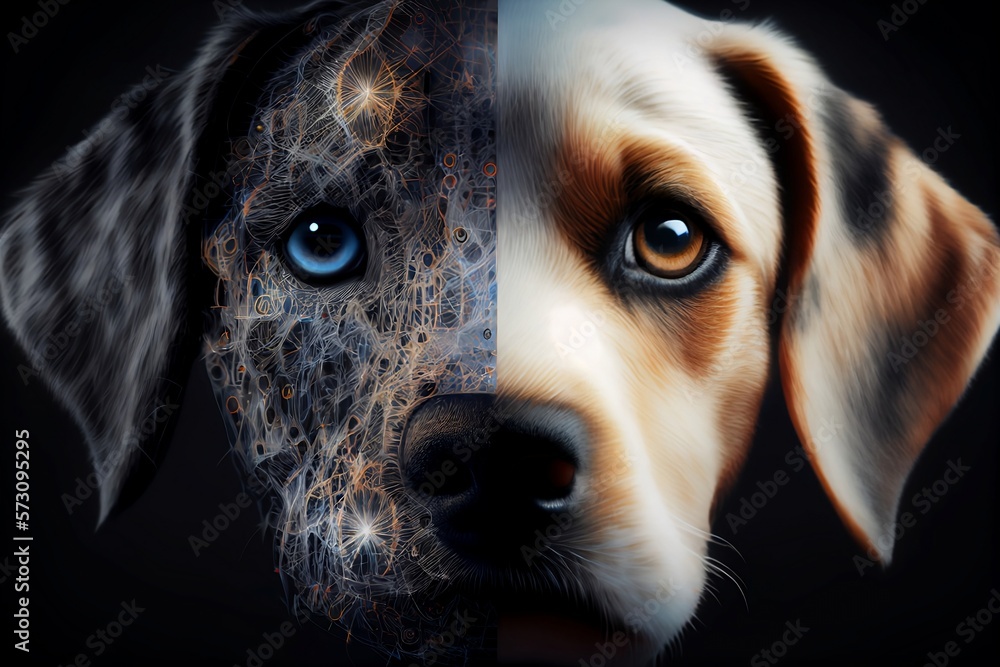 © Meghna - futuristic cybernetic theme illustration of dog cyborg or robotic pet. Generative AI.