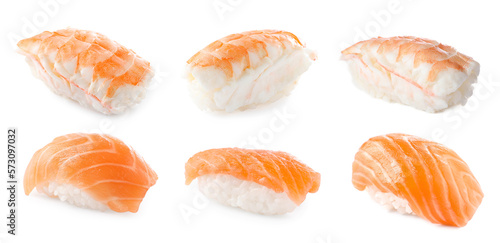 Set of nigiri sushi with shrimp and salmon on white background