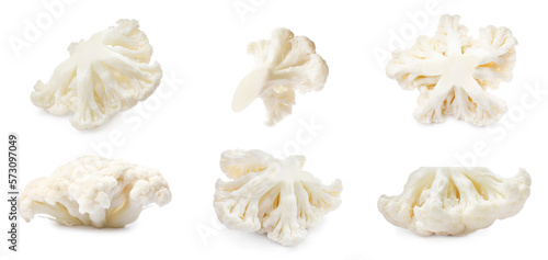 Collage of fresh raw cauliflower florets on white background