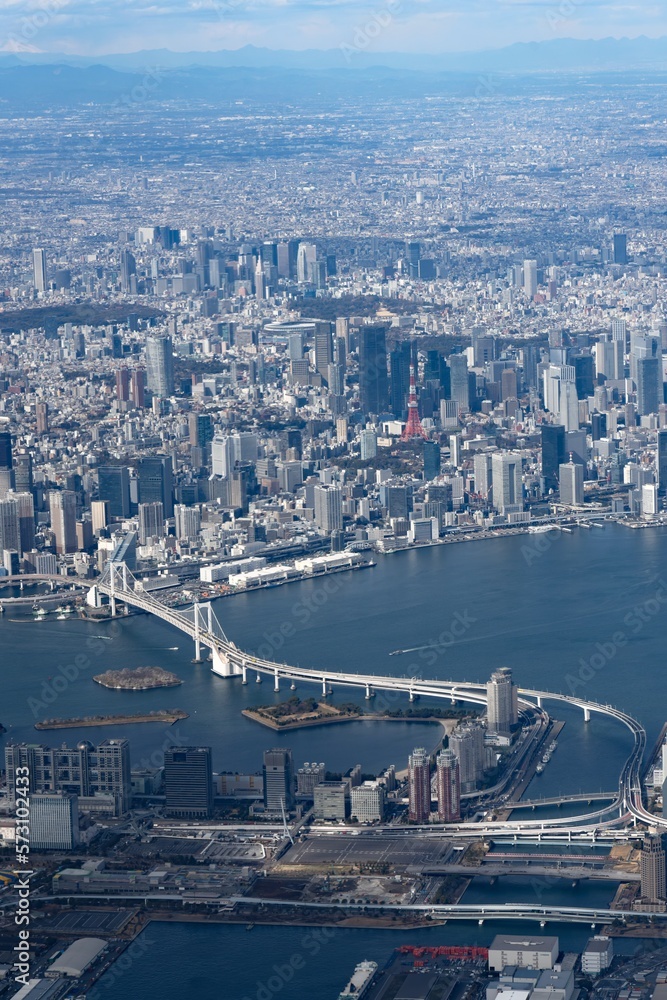 Tokyo, Japan - February 17, 2023: Aerial view of waterfront of Tokyo, Japan
