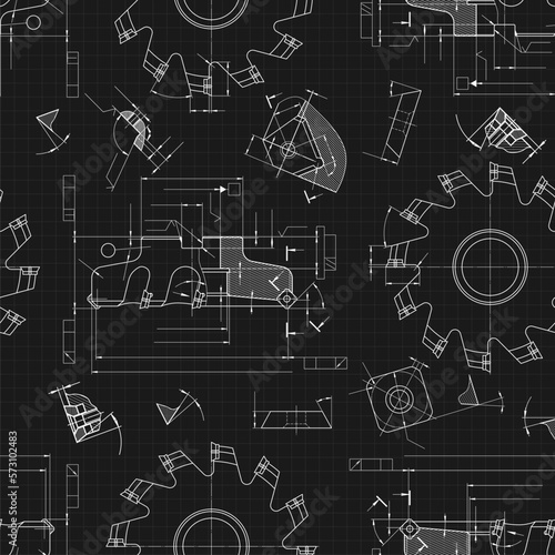 Mechanical engineering drawings on black background. Cutting tools, milling cutter. Technical Design. Cover. Blueprint. Seamless pattern. Vector illustration.