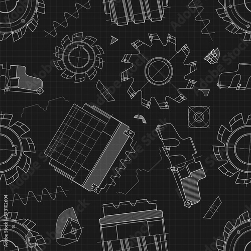 Mechanical engineering drawings on black background. Cutting tools, milling cutter. Technical Design. Cover. Blueprint. Seamless pattern. Vector illustration.