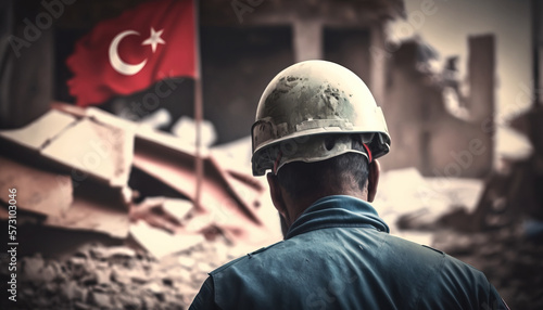 Terrifier Earthquake in Turkey natural disaster. Rescue service man in helmet clears rubble of house after. Generative AI