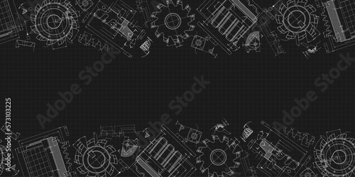 Mechanical engineering drawings on black background. Cutting tools, milling cutter. Technical Design. Cover. Blueprint. Seamless pattern. Vector illustration.