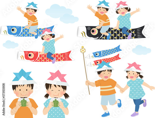 鯉のぼりと子供たちのセット_こどもの日イメージ素材_ベクターイラスト