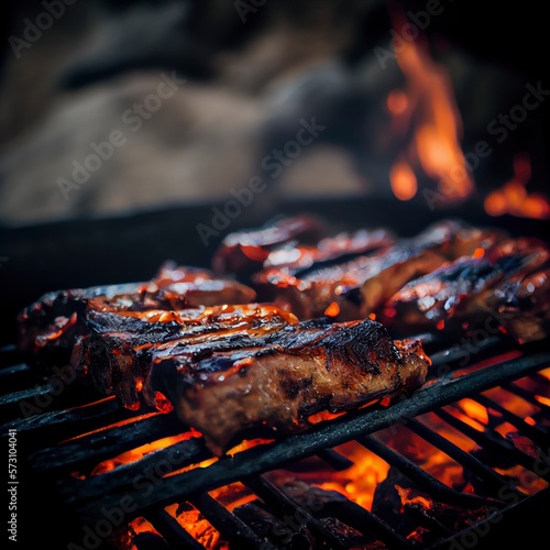 grilled meat on the grill, generative ai, barbeque fire flames